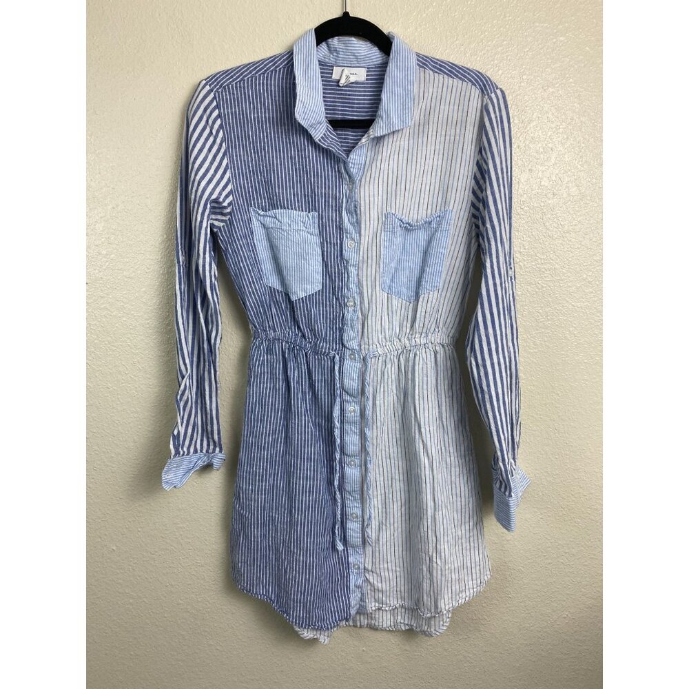Japna Blue Stripes Seersucker Shirt Dress Womens Size Medium Long Sleeves Cotton